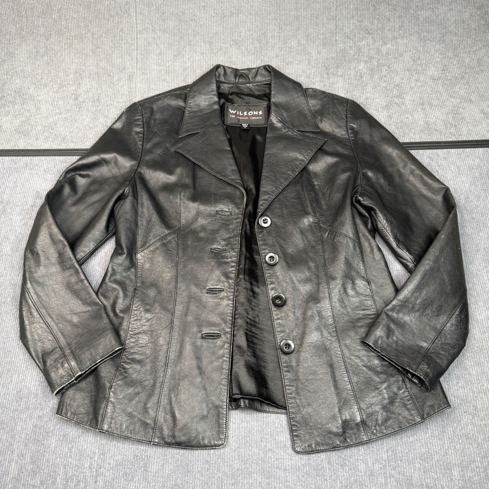 Wilsons The Leather Experts Womens Black Leather 4-Button Blazer Jacket Medium